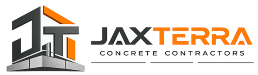 JaxTerra Concrete Contractors brand mark with a modern building design and concrete column